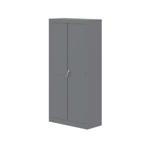 Armario metálico gris para oficina con cerradura y doble puerta.