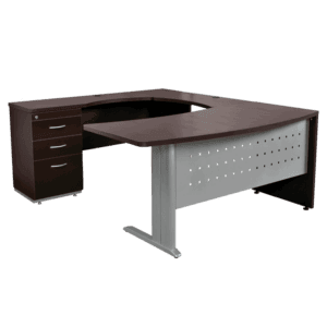 Escritorio de oficina con cajonera y panel perforado para organización y productividad. Ideal para e.
