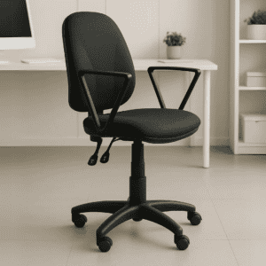 Silla de oficina ergonómica negra con respaldo y ruedas para espacio de trabajo.
