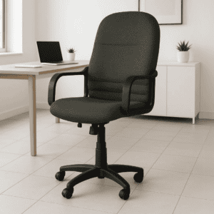 Silla de oficina ergonómica negra, ideal para trabajo y estudio en espacios de oficina.