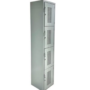 Armario metálico de 4 compartimentos con ventilación y cerraduras para oficina.