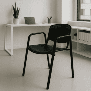 Silla de oficina negra con respaldo y brazos en espacio de trabajo minimalista.