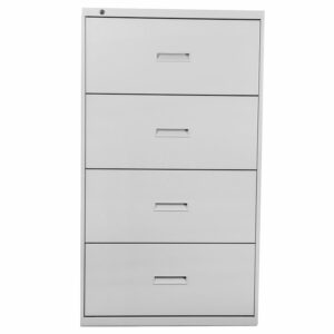 Cajonera metálica blanca de 4 cajones para oficina y organización de documentos.
