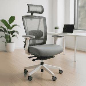 Silla de oficina ergonómica con respaldo ajustable y ruedas para comodidad y movilidad.