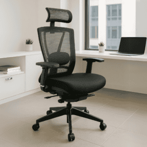 Silla de oficina ergonómica con respaldo ajustable y ruedas para comodidad y movilidad.