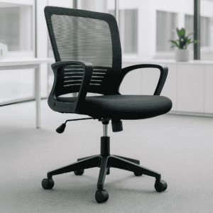 Silla de oficina ergonómica con respaldo de malla y asiento acolchado, ideal para espacios de trabaj.