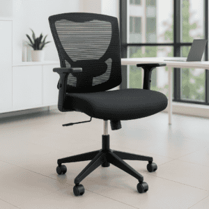 Silla de oficina ergonómica con respaldo de malla negra, ideal para espacios de trabajo modernos y c.