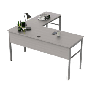 Escritorio de oficina gris con accesorios y objetos de trabajo en un entorno profesional.