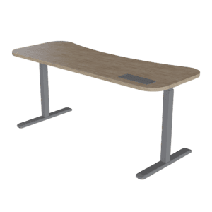 Mesa de oficina moderna con estructura metálica y superficie de madera para espacios laborales.