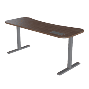 Mesa de oficina moderna con superficie de madera y estructura metálica para espacios laborales.