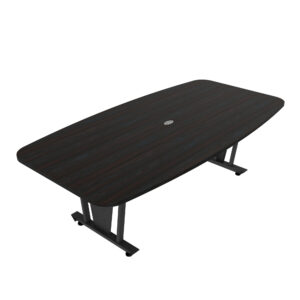Mesa de oficina ajustable con superficie de madera oscura y estructura metálica para espacios de tra.
