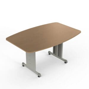 Mesa de oficina con superficie de madera y estructura metálica para espacios laborales.