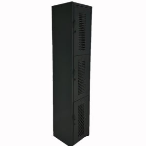 Armario de almacenamiento negro con ventilación para oficina y vestuario.