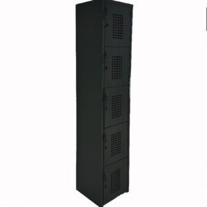 Armario metálico de 4 compartimentos con ventilación, ideal para oficinas y gimnasios.