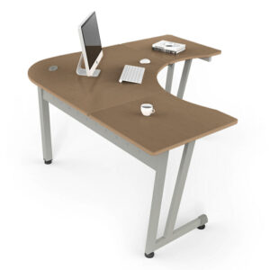 Escritorio de oficina en forma de L con superficie de madera y estructura metálica, ideal para ofici.