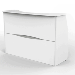 Mueble de oficina blanco con diseño minimalista y espacio de almacenamiento.