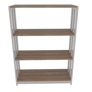 Estantería de oficina con 4 niveles de madera y estructura metálica en color gris.