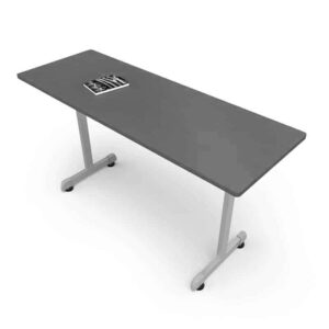 Mesa de oficina moderna con superficie gris y base metálica para espacios laborales.