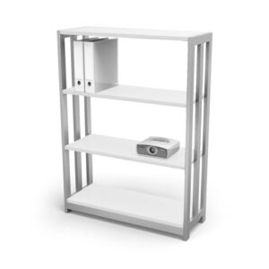 Estantería blanca para oficina con espacio para archivos y equipo de oficina. Diseño funcional y ele.