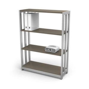 Estantería de oficina con estructura metálica y estantes de madera para almacenamiento eficiente.