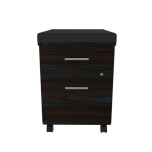 Mueble de oficina con ruedas y acabado en madera oscura para almacenamiento.