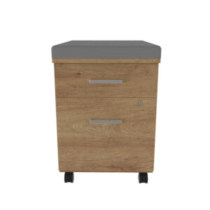 Mesa de oficina móvil con cajones y ruedas para almacenamiento y organización.