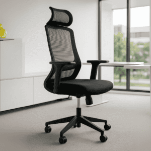 Silla ergonómica de oficina con respaldo ajustable y ruedas para trabajo cómodo y productivo.
