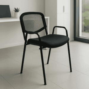 Silla de oficina con respaldo de malla y estructura metálica negra, ideal para espacios de trabajo e.