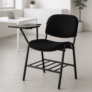 Silla de oficina negra con escritorio en oficina moderna y minimalista.