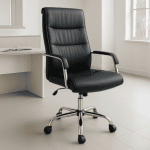 Silla de oficina ergonómica negra con ruedas y respaldo alto para espacios de trabajo modernos.