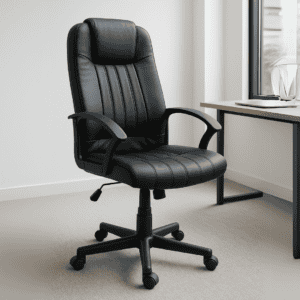 Silla de oficina ergonómica negra con soporte lumbar para trabajo y estudio en oficina moderna.