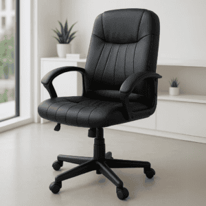 Silla de oficina ergonómica negra con respaldo acolchado y ruedas, ideal para espacios de trabajo có.