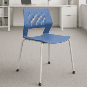 Silla de oficina moderna azul con respaldo ventilado y estructura ligera, ideal para espacios de tra.