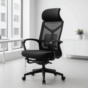 Silla de oficina ergonómica con respaldo ajustable y ruedas para comodidad y movilidad.