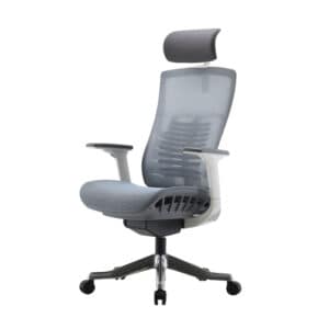 Silla de oficina ergonómica con respaldo lumbar, ajustable y ruedas para oficina moderna.