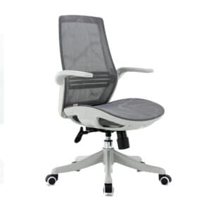 Silla de oficina ergonómica con respaldo de malla para comodidad y soporte lumbar.