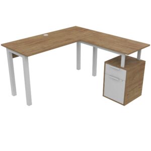 Escritorio de oficina en forma de L con cajonera para espacio de trabajo eficiente.
