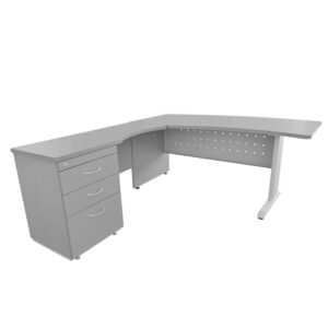 Mesa de oficina en forma de L con cajonera para espacios de trabajo.