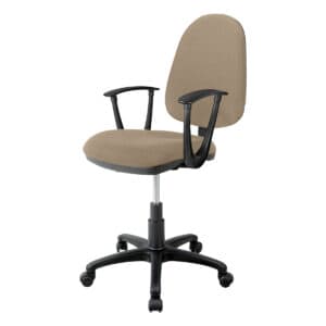 Silla de oficina ergonómica con respaldo beige y ruedas para oficina y trabajo remoto.