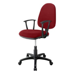 Silla de oficina ergonómica con respaldo rojo y brazos ajustables para trabajo cómodo.