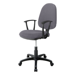 Silla de oficina ergonómica gris con respaldo y ruedas para trabajo cómodo.
