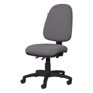 Silla de oficina ergonómica gris con respaldo y asiento acolchonados, ideal para espacios de trabajo.