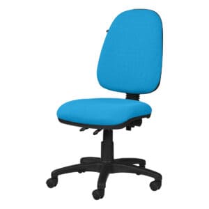 Silla de oficina ergonómica azul con respaldo y asiento acolchonados, ideal para espacios de trabajo.