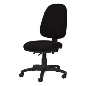 Silla de oficina negra ergonómica con respaldo ajustable y ruedas para oficina moderna.