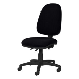 Silla de oficina ergonómica negra con respaldo ajustable y ruedas para comodidad y movilidad.