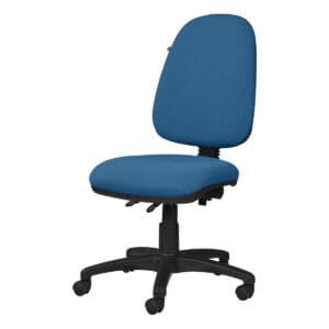 Silla de oficina ergonómica azul con respaldo y asiento acolchonados, ideal para espacios de trabajo.