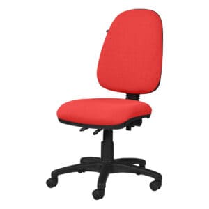 Silla de oficina ergonómica roja con respaldo y asiento acolchonados, ideal para espacios de trabajo.