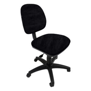 Silla de oficina negra con respaldo y asiento acolchonados, ideal para espacios de trabajo y estudio.
