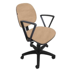 Silla de oficina ergonómica con respaldo beige y brazos negros para oficina y estudio.