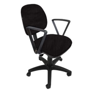 Silla de oficina ergonómica negra con respaldo y brazos ajustables, ideal para espacios de trabajo y.